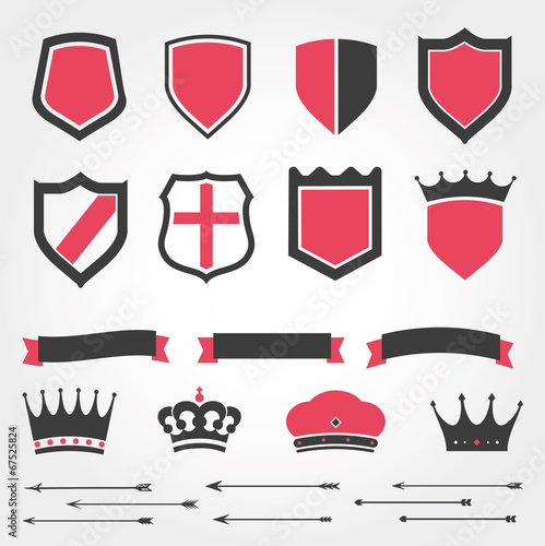 Set vector shields heraldic crowns ribbons arrows