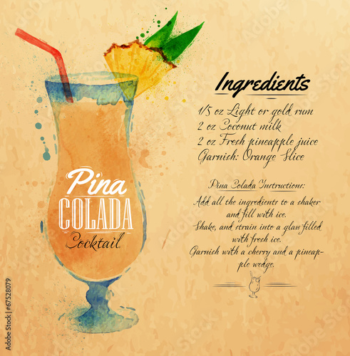 Pina colada cocktails watercolor kraft