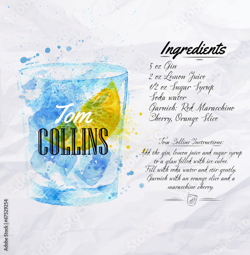 Tom Collins cocktails watercolor