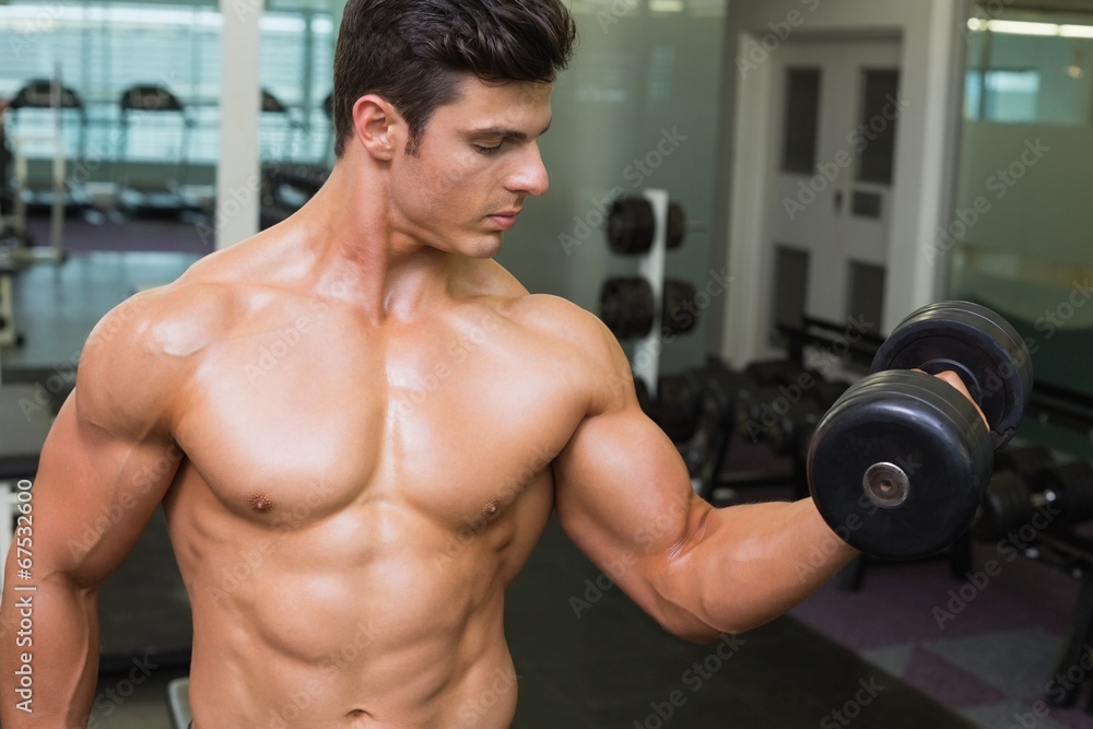 Shirtless muscular man exercising with dumbbell Shirtless muscular man exercising with dumbbell