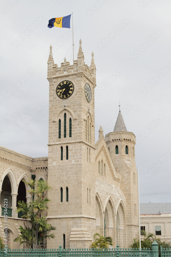 Parliament building, tower with hours. Bridgetown, Barbados