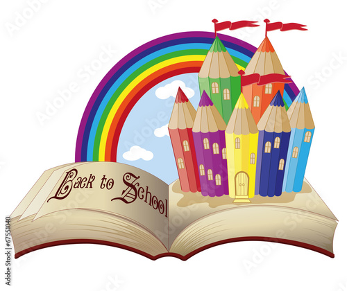 Back to School. Magic book and fabulous school castle,