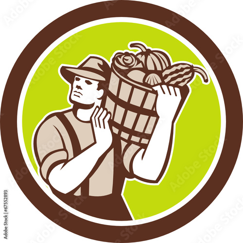 Organic Farmer Carrying Harvest Bucket Retro
