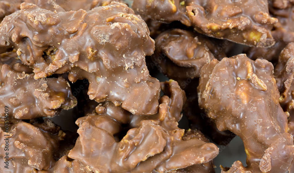 Close view of milk chocolate cornflake clusters Close view of milk chocolate cornflake clusters