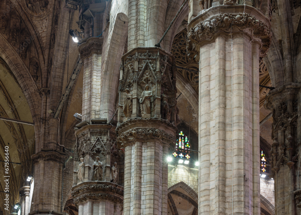 Columns with structure in Duomo (Cathedral) in Milan. Italy