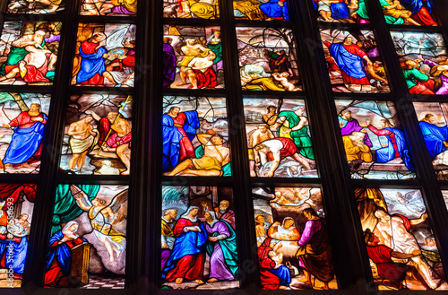 Colorful stained-glass windows in Duomo  Cathedral  in Milan.