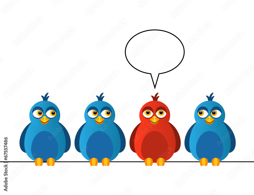 Four birds sitting on wires. One bird is red and says