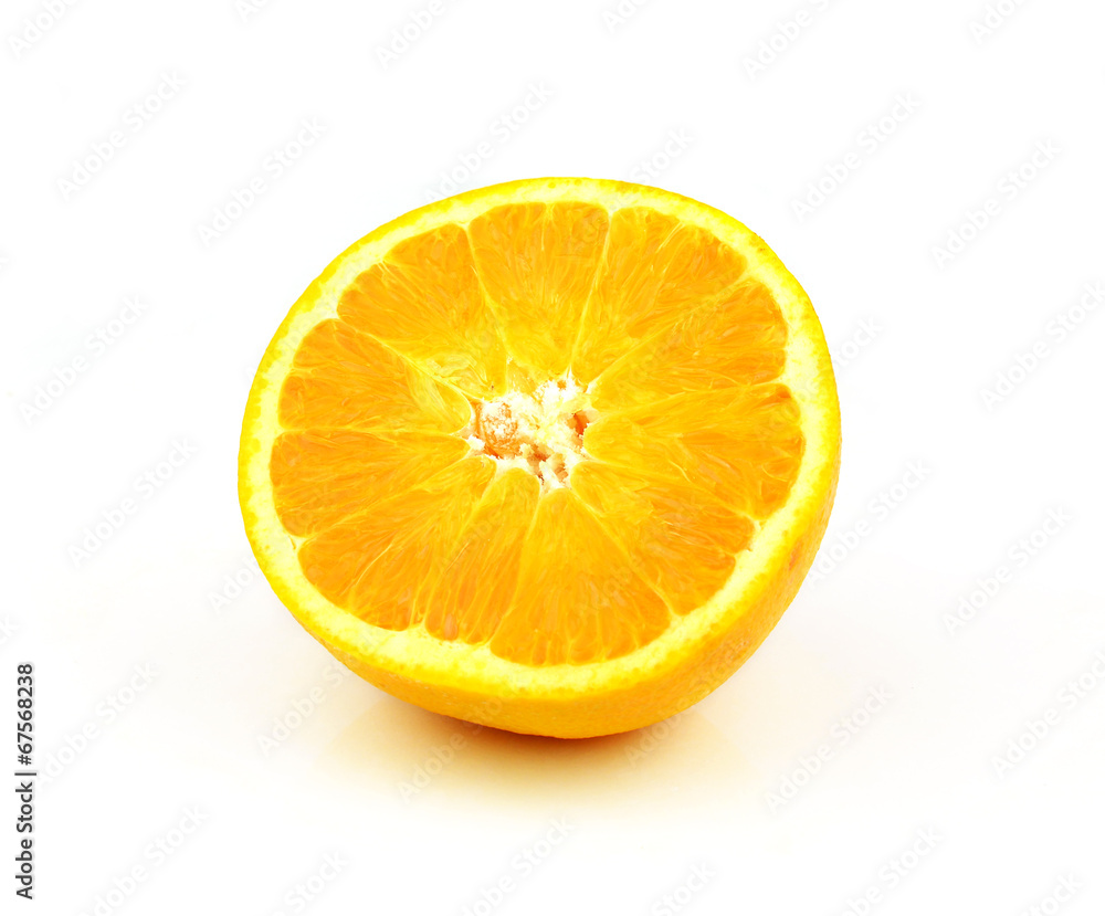 Half orange fruit on white background, fresh and juicy Half orange fruit on white background, fresh and juicy