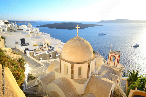 View of a volcanic caldera and St. John's church from Fira, Sant