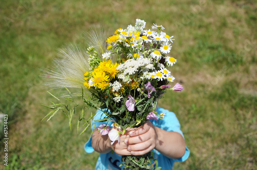 Boy giving wildflowers