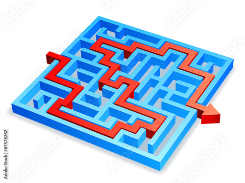 Red arrow breaking through blue maze.