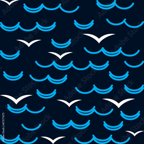 Waves and seagulls in blue colors. Seamless pattern.