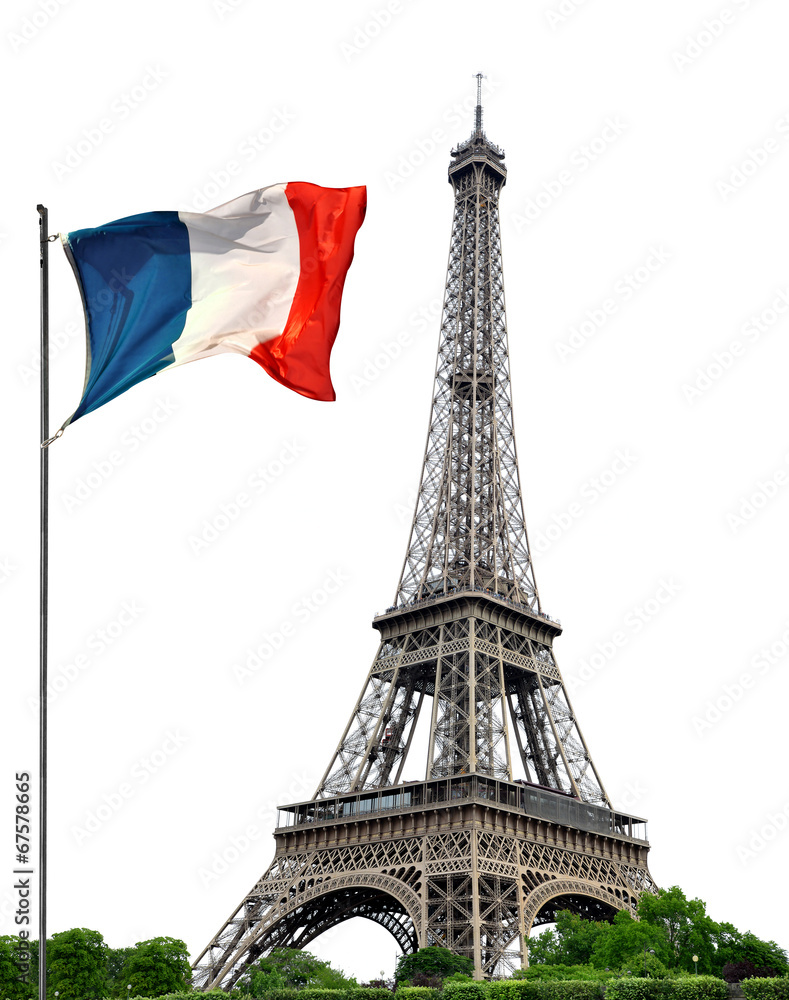 Fototapeta premium Eifel Tower z francuską flagą na białym tle