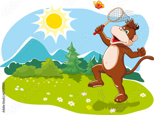 Happy summer vacation, nature fun.Monkey and butterfly