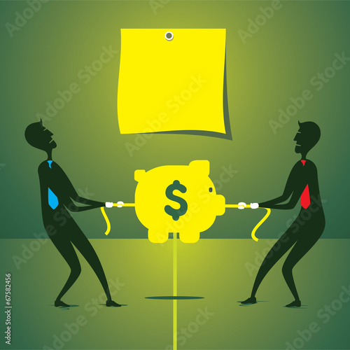 both men try to shift piggy bank his own side concept vector