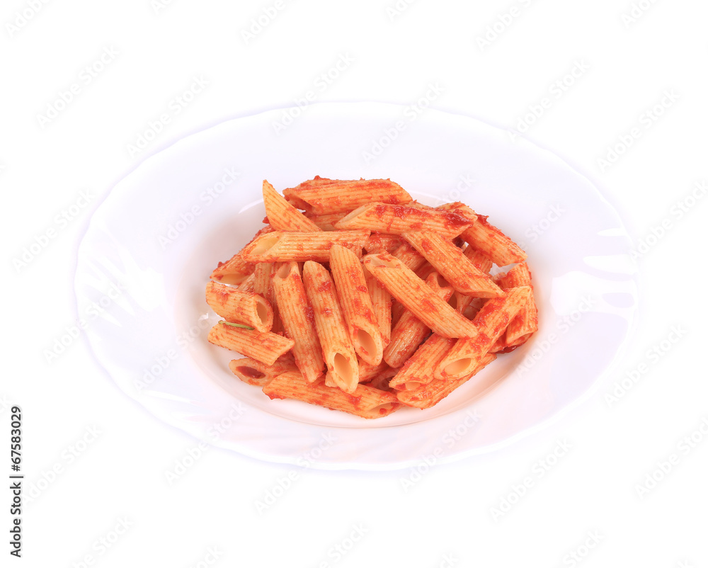 Pasta penne rigate with tomato sauce.