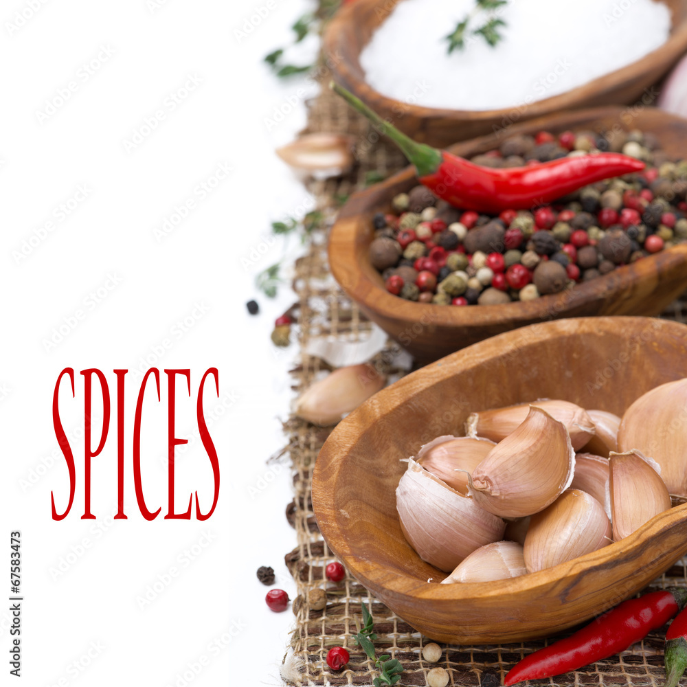 garlic, hot pepper, sea salt and spices in wooden bowl, isolated