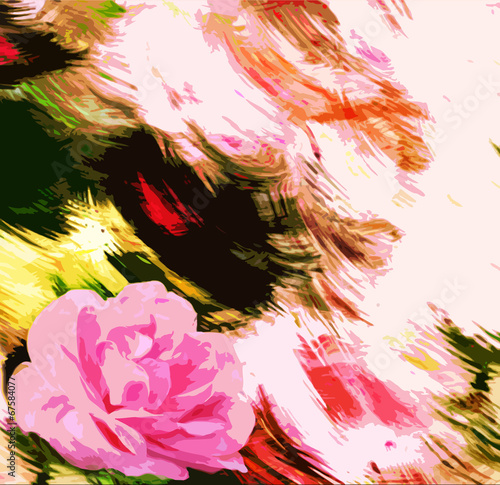 Floral card with pink rose on grunge stained colorful background
