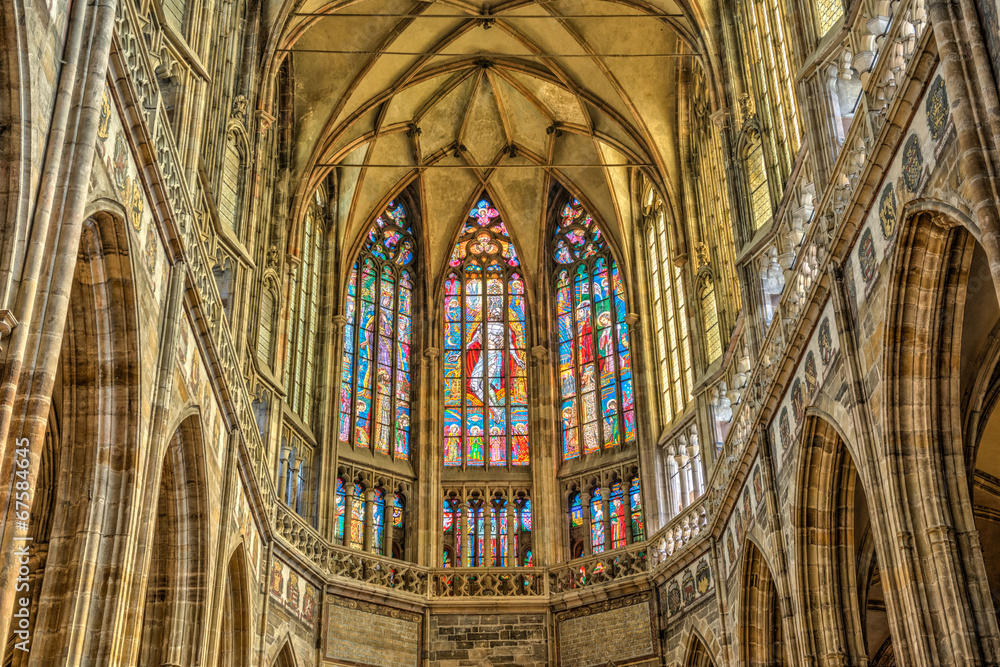 Stained windows in St. Vitus Cathedral located within Prague Cas
