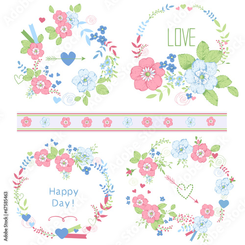 Set of cute floral bouquets, card template.