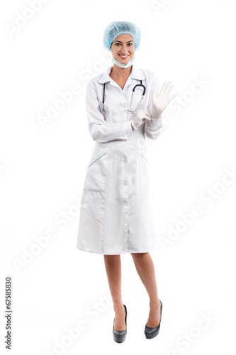 doctor girl dress gloves , growth portrait. isolated background