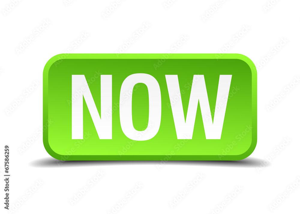 Now green 3d realistic square isolated button Now green 3d realistic square isolated button