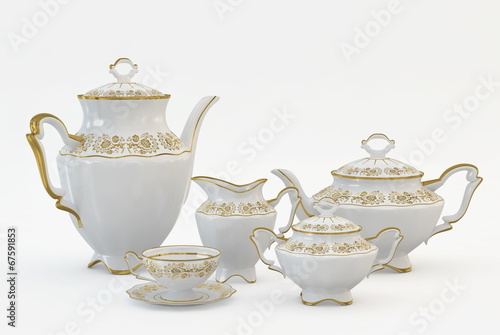 Set of antique tea and coffee cups, isolated