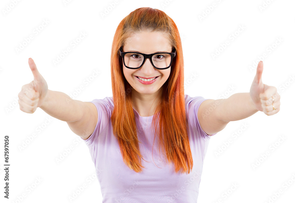 Happy woman giving thumbs up, on white background Happy woman giving thumbs up, on white background