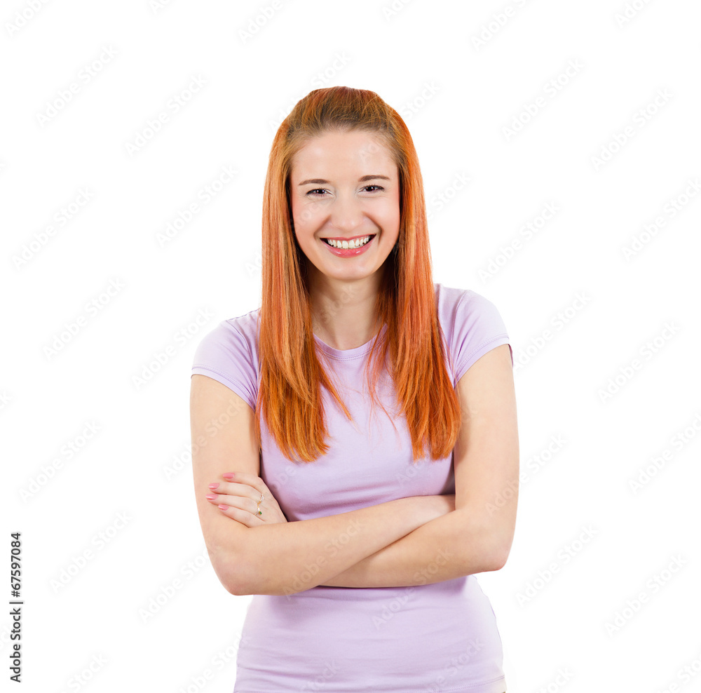 Portrait happy, smiling young woman, isolated white background Portrait happy, smiling young woman, isolated white background