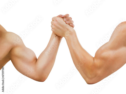 Two muscular hands clasped arm wrestling, isolated on white