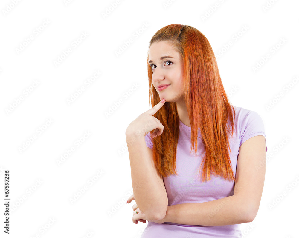 Happy daydreaming young woman looking up, wishful thinking Happy daydreaming young woman looking up, wishful thinking