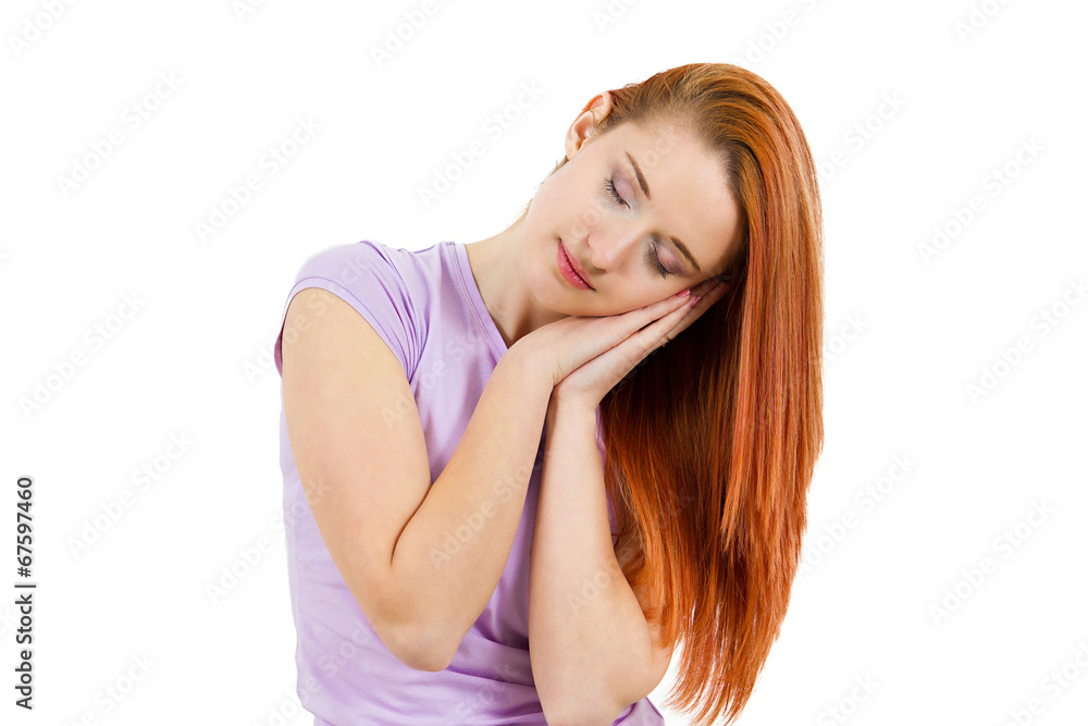 Sleepy young woman, eyes closed, on white background Sleepy young woman, eyes closed, on white background