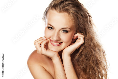 happy young blonde on white background