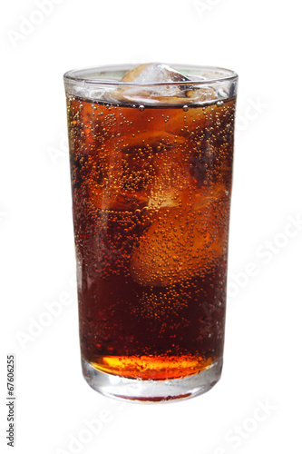 cola with ice in glass on white background
