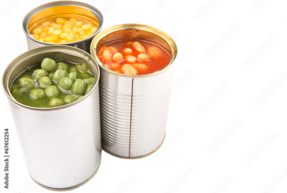 Baked beans, green peas and sweet corn in tin can Stock Photo Adobe Stock