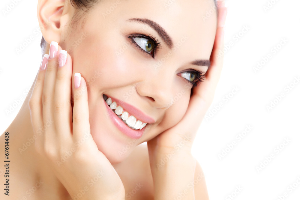 Cheerful female with fresh clear skin, white background. Cheerful female with fresh clear skin, white background.