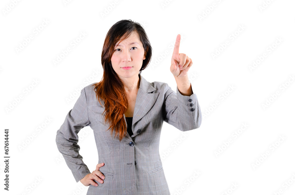 Portrait of happy smiling business woman pointing finger at view Portrait of happy smiling business woman pointing finger at view