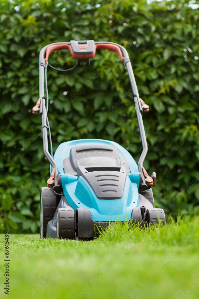 Fototapeta premium blue lawn mower on green grass