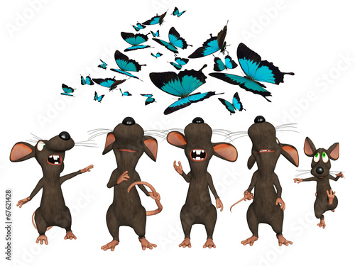 3d cartoon mice looking upwards to butterflies