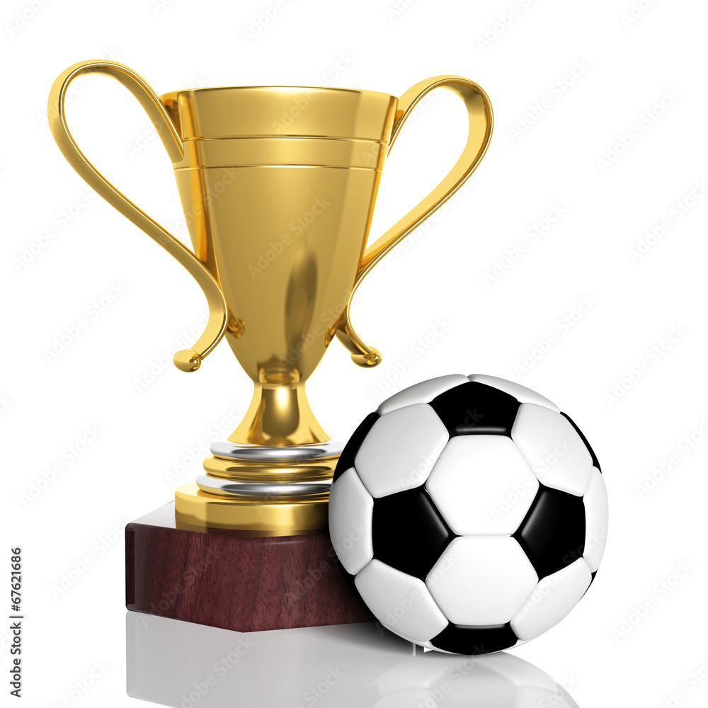 Fototapeta premium Golden trophy and classic soccer ball isolated