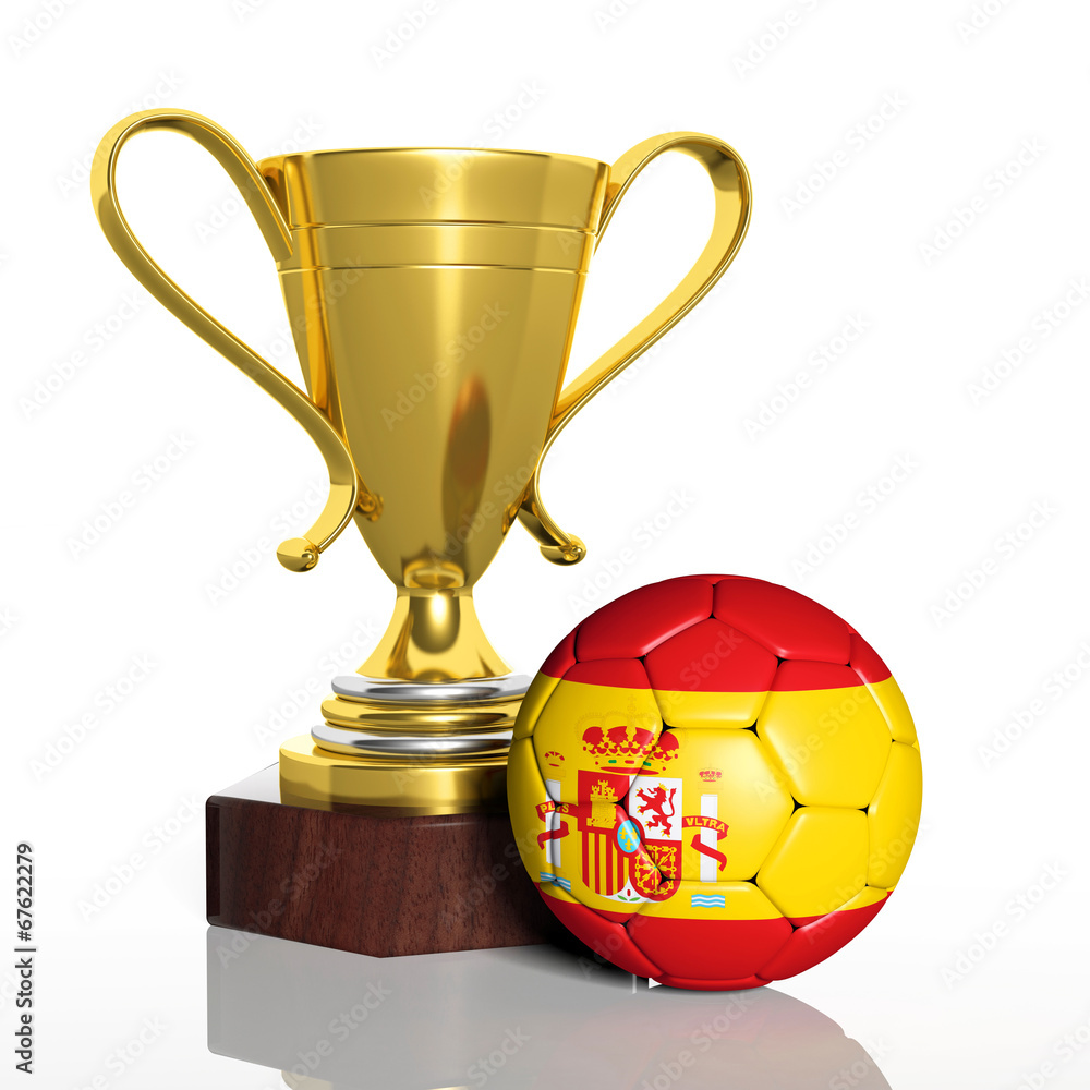 Golden trophy and ball with flag of Spain isolated Golden trophy and ball with flag of Spain isolated