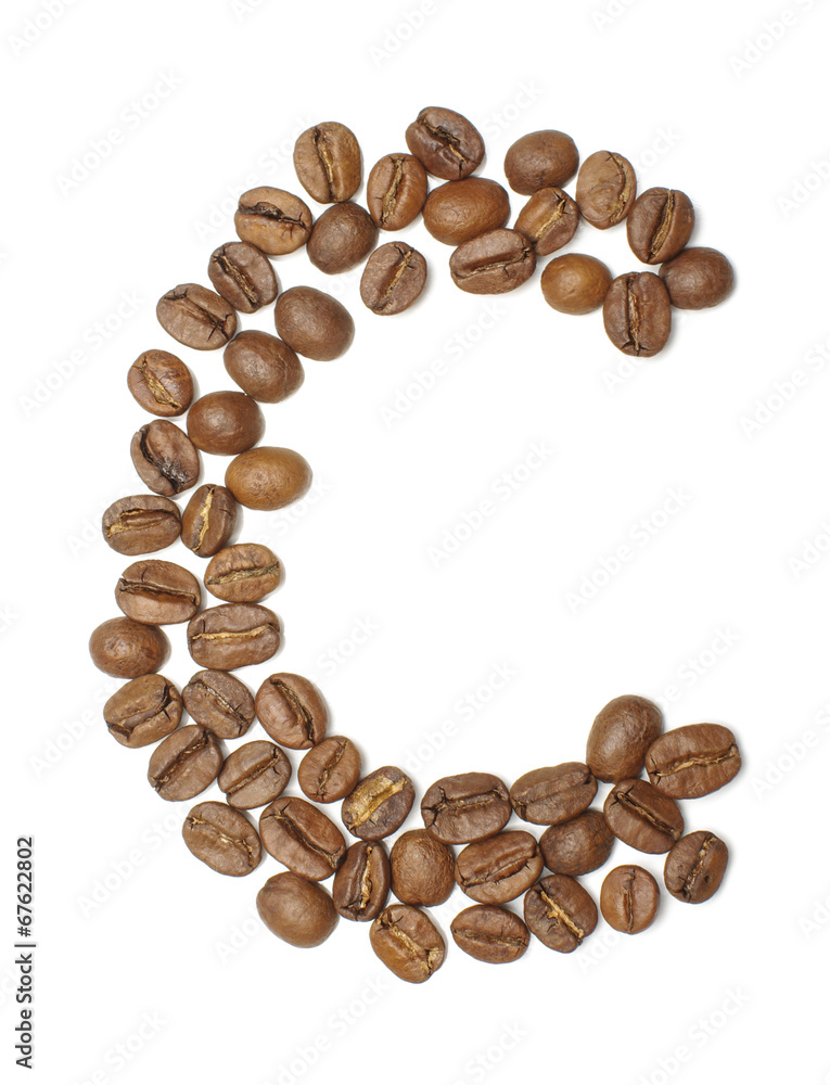 Letter C arranged from coffee beans top view isolated Letter C arranged from coffee beans top view isolated