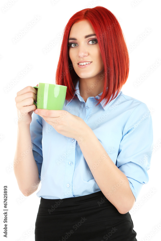 Young beautiful business woman holding cup isolated on white Young beautiful business woman holding cup isolated on white