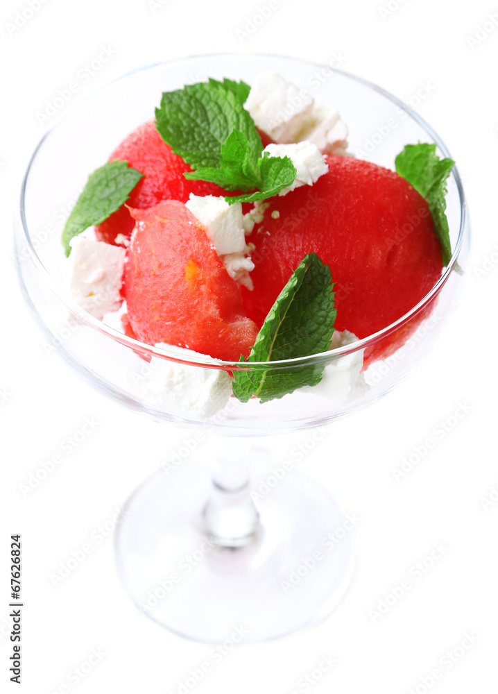 Salad with watermelon, feta and mint leaves in cocktail glass, Salad with watermelon, feta and mint leaves in cocktail glass,