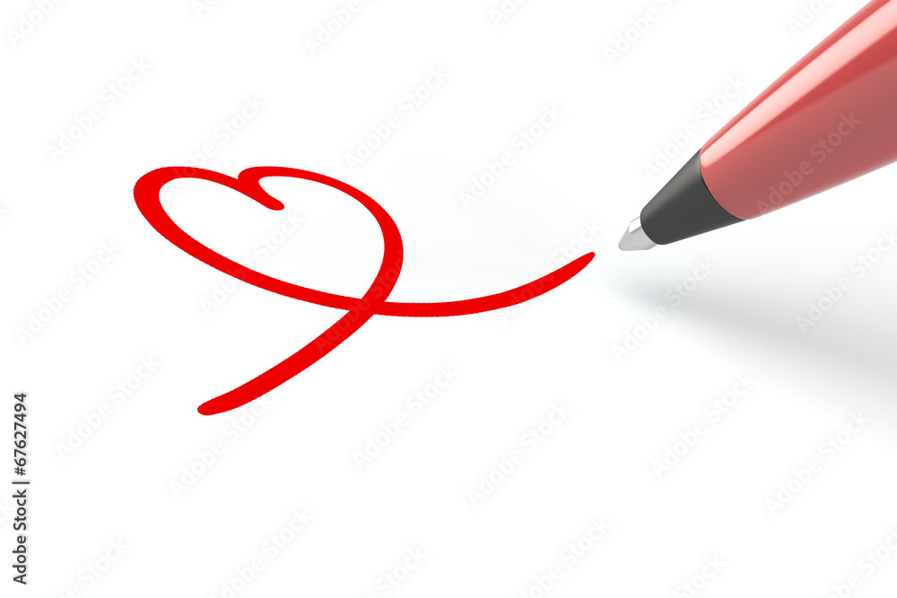 Stift malt rotes Herz auf Papier - obrazy, fototapety, plakaty 