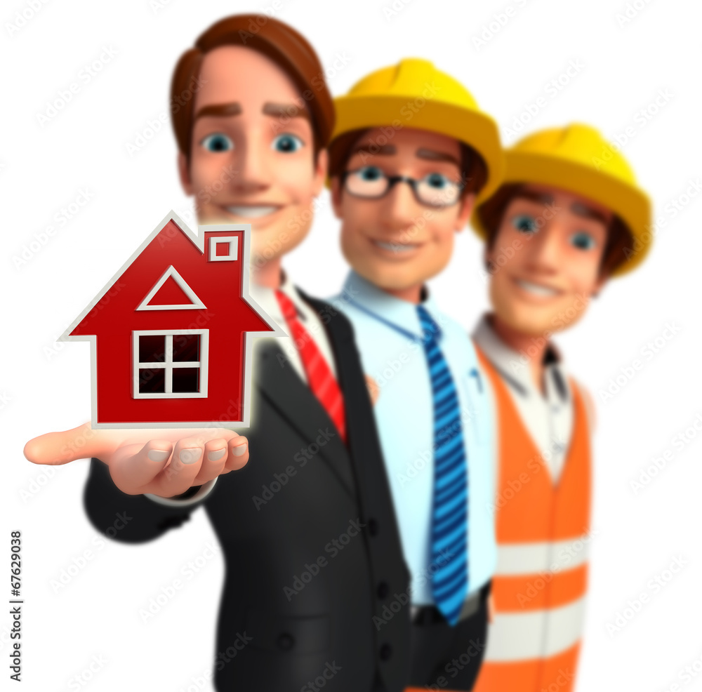Group business people in office with house sign Group business people in office with house sign
