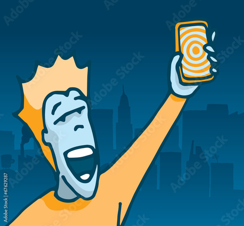 Happy user holding his new phone