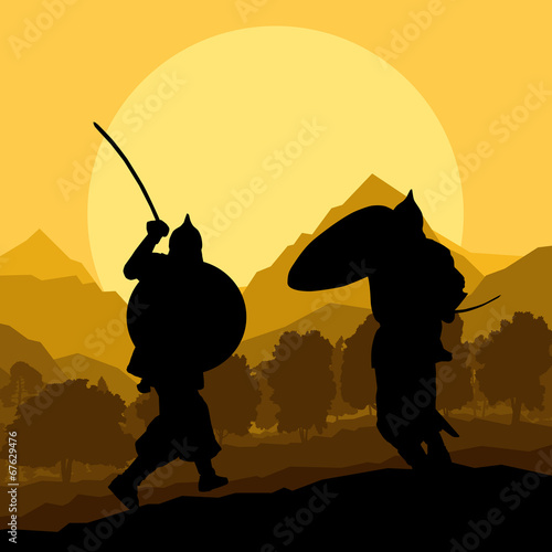 Medieval warrior, crusader vector background landscape