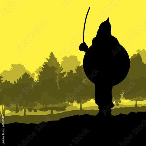 Medieval warrior, crusader vector background landscape
