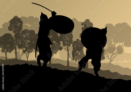 Medieval warrior, crusader vector background landscape